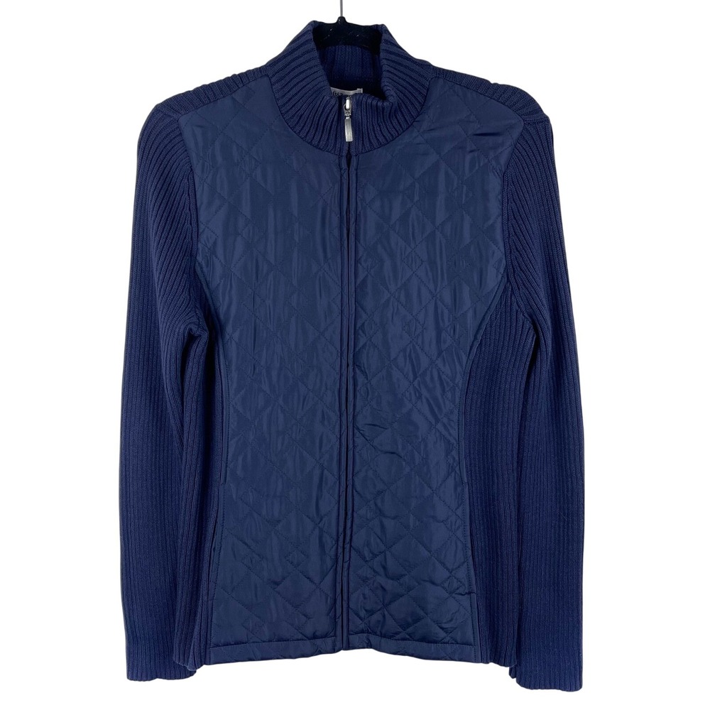 Croft & Barrow Quilted Sweater Jacket Women's Medium Navy Zip Mock Neck NWT